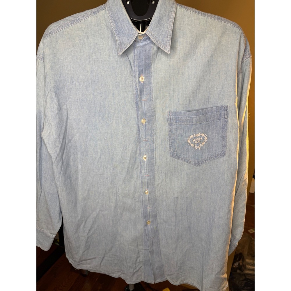 Vintage Guess USA Georges Marciano Denim Shirt Light Wash Pink Stitch Size 4